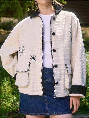 NWT Raisonnel Embroidered Tweed Jacket Medium Ivory Black